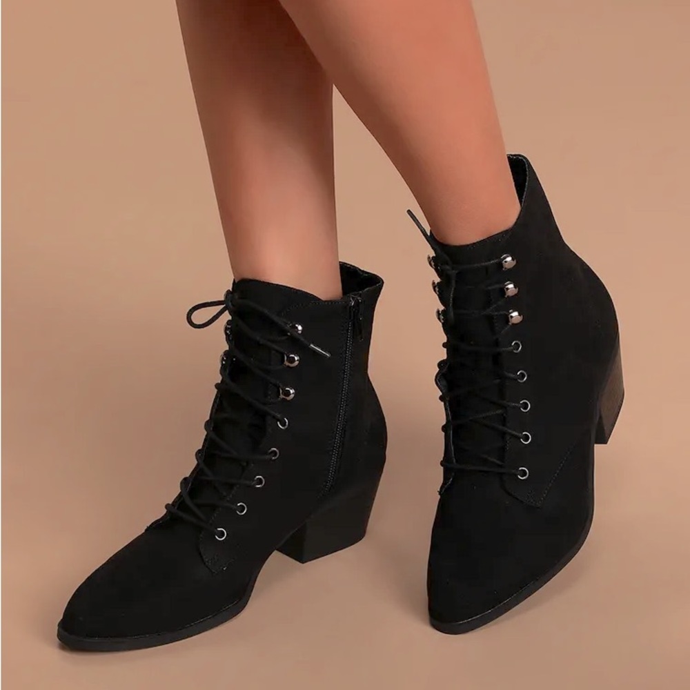 NWOT - Lulus Montie Black Suede Lace-Up Ankle Booties - Size 9